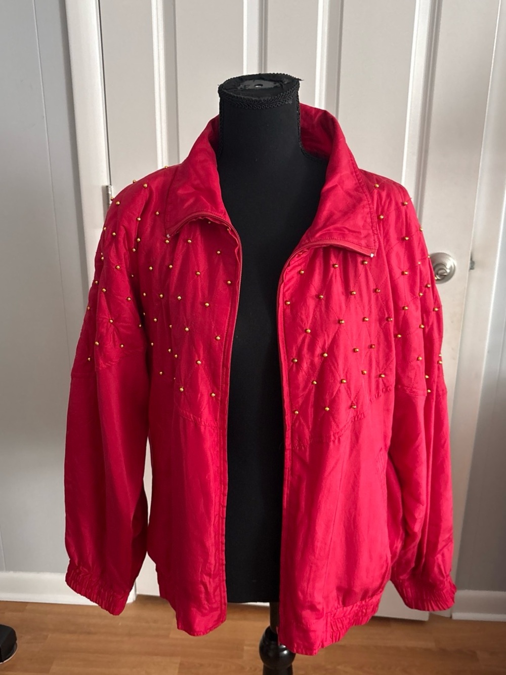 Women's Red Beaded Bomber Jacket - Classic Zip Front